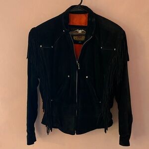 Vintage Harley-Davidson Black Suede Fringe Motorcycle Jacket with Orange Lining